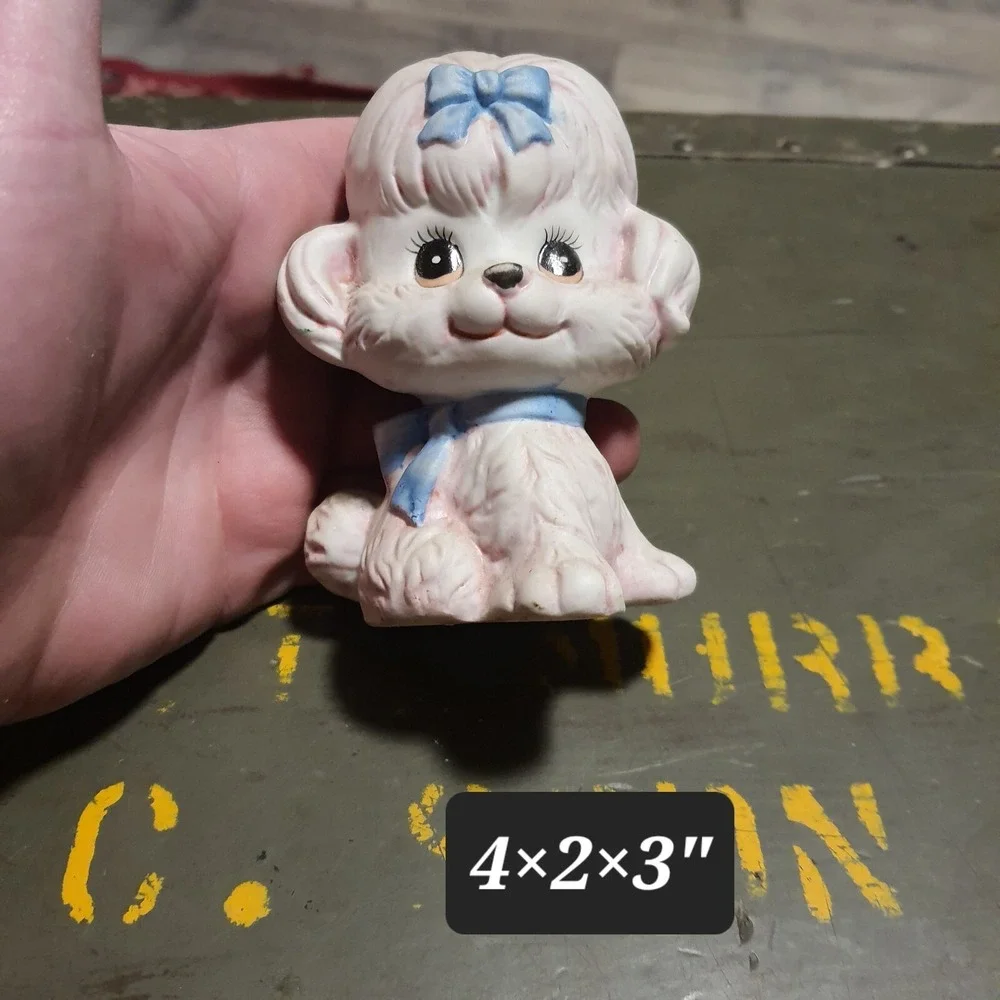 Vintage Ceramic Poodle Dog Figurine Made In Japan MCM Blue Bow Kitsch 3MA-115